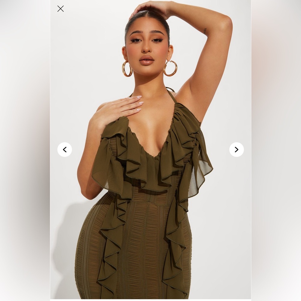 Fashion Nova Olive Maxi Dress with Ruffles